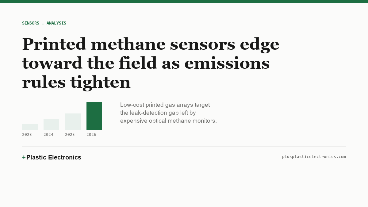 Bar chart showing indexed printed methane sensor deployments rising from 2023 to 2026.