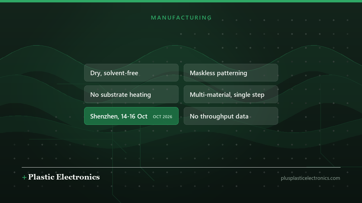 Editorial illustration of the announcement: a dry maskless vapour-jet deposition tool, no substrate heating, multiple materials and graded compositions in one step, unveiling at WESEMiBAY in Shenzhen on 14 to 16 October 2026.